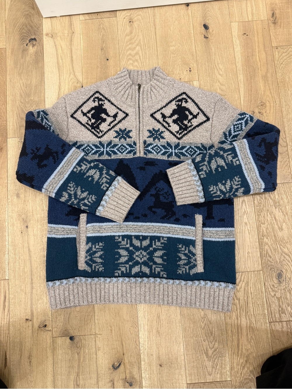LL Bean VTG Nordic Pattern Alpine 100% Lambswool Quarter Zip Sweater Medium